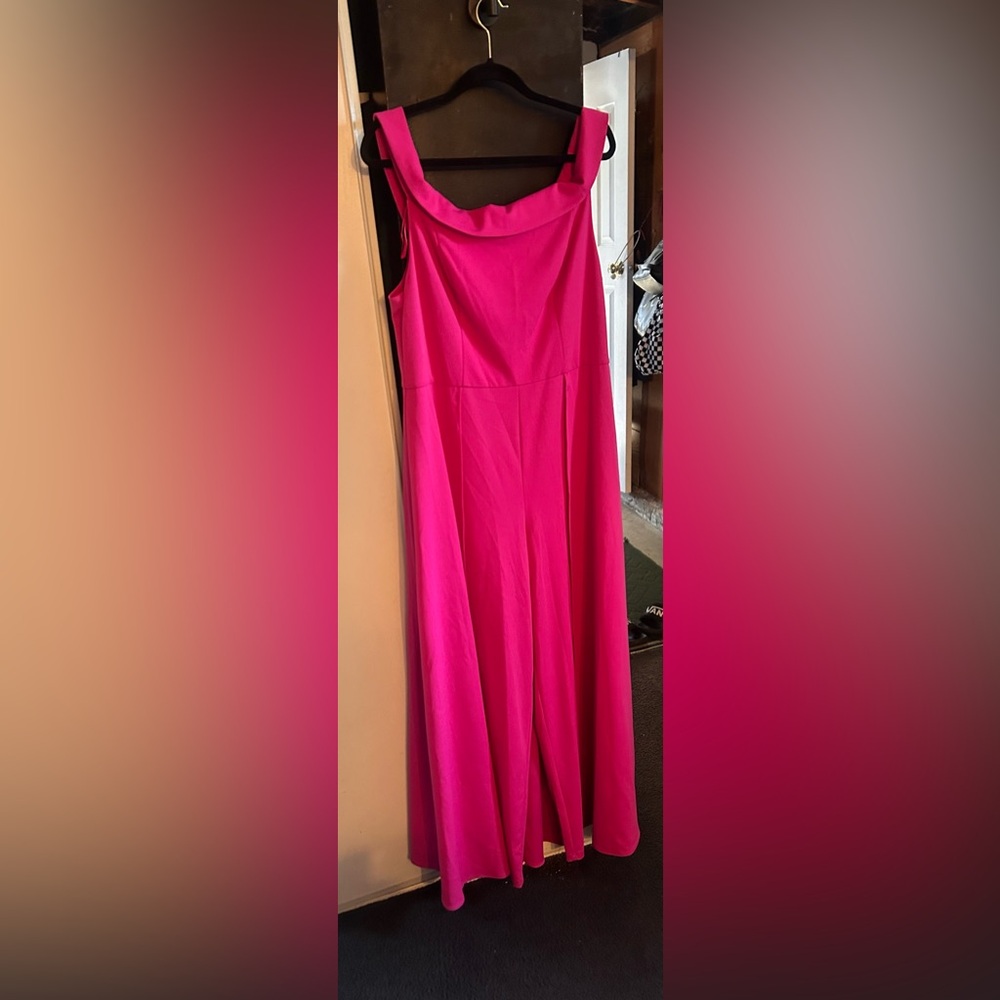 MARINA Off shoulder Fuchsia pants jumpsuit with skirt plus curve